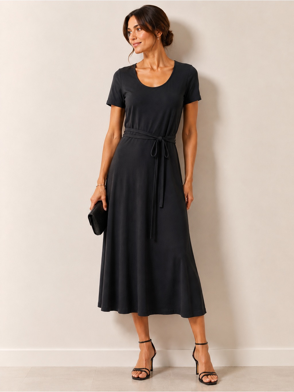 Vince Black Crepe Midi Dress Size Medium Belt Tie Waist Short Minimalist Luxury